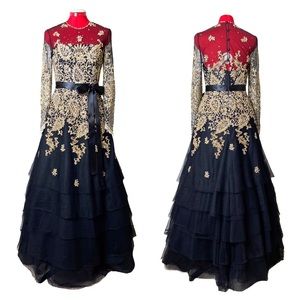 Liancarlo Gold Beaded Black Tulle Long Sleeve Gown